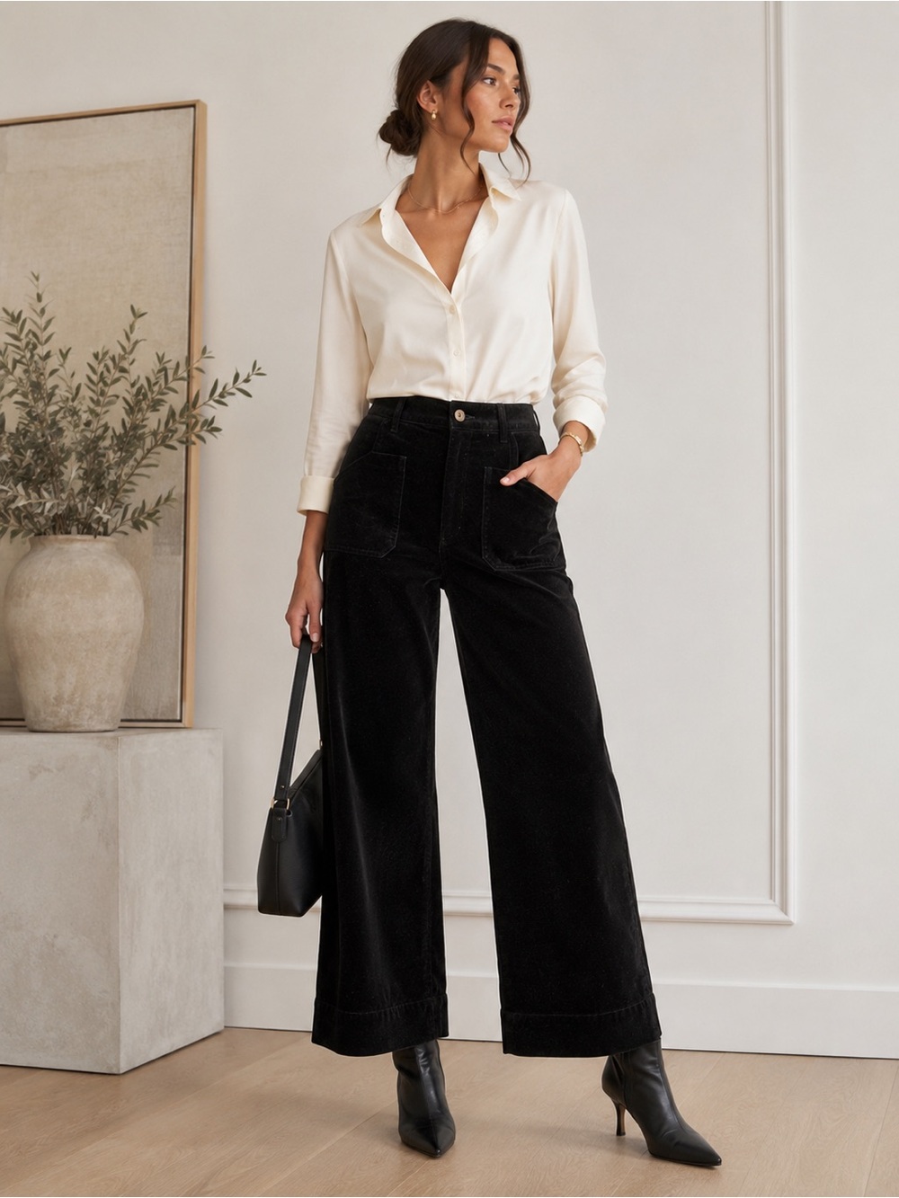 Maeve Anthropologie The Colette Black Velvet Wide Leg Pants Size 25